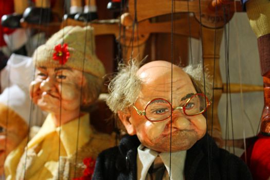 Traditional puppets made of wood. Shop in Prague - Czech Republic