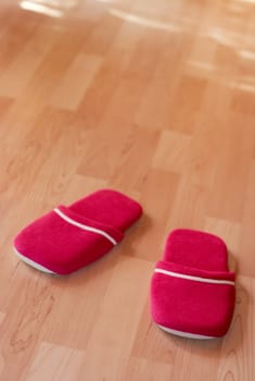 A pair of warm slippers on the parquet