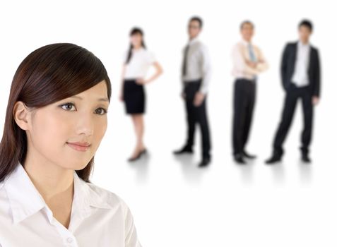 Young business woman and her team over white background.