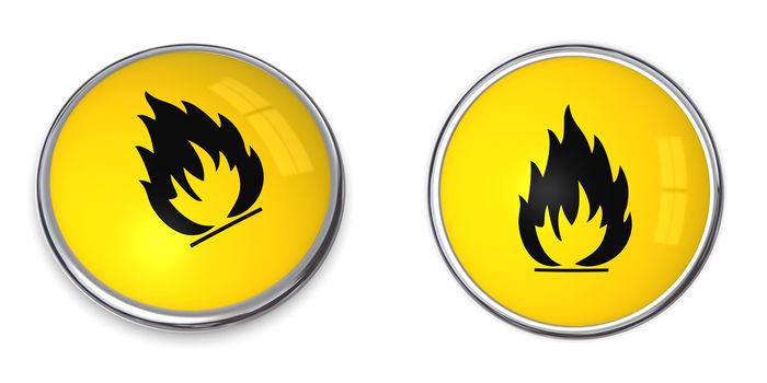 button with yellow fire/flammable warning symbol - top and side view