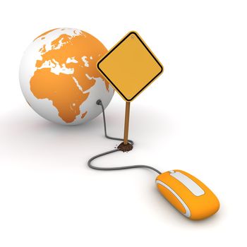 orange computer mouse is connected to a orange globe - surfing and browsing is blocked by a yellow  warning sign that cuts the cable - sign as an empty template for your own text