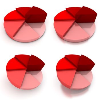 coloured pie chart - six shades of red  - four views