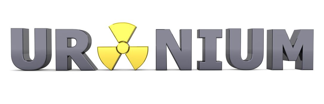 shiny black word URANIUM - a shiny yellow nuclear sign is replacing the letter A