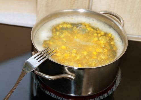 boiling yellow corn in kitchen pot on stove