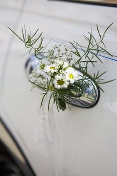  decoration of wedding  limousine. Bouquet of camomile at door of car