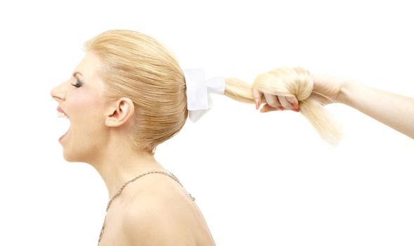 screaming blonde and female hand pulling her hair