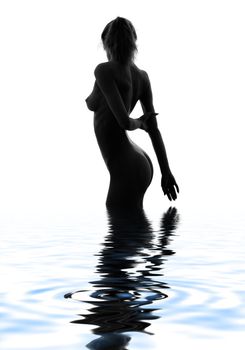 classical monochrome silhouette image of naked girl in water