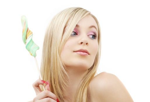 picture of blond girl with big lollipop over white