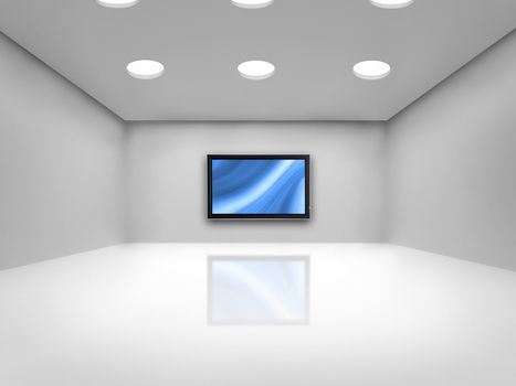 Open space with a plasma tv on the wall reflected on the floor
