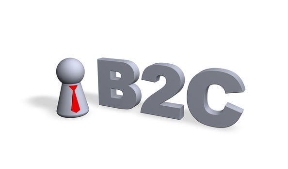 b2c text in 3d and play figure with red tie