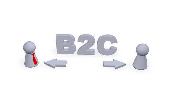 b2c text in 3d , pointers and two play figures with red tie