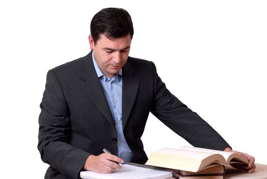 young business man reading a book on white