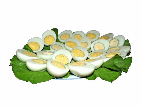 boiled eggs on plate, isolated with clipping path