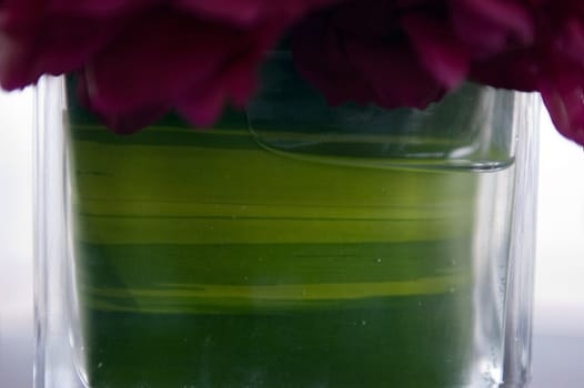 Leaf in clear vase with flowers