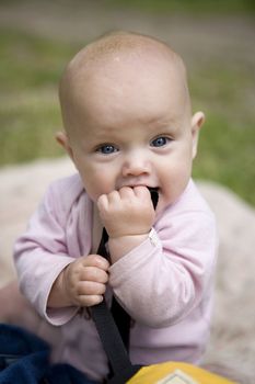 little cute girl sitting on grass in park. Summer time