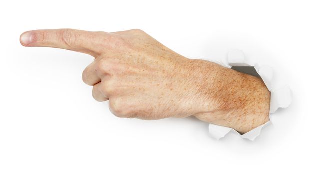 Man's hand indicates the direction on a white background