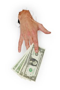Hand giving stack of dollars isolated on a white background