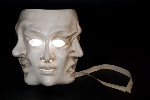 A mask with three faces showing three states of mind