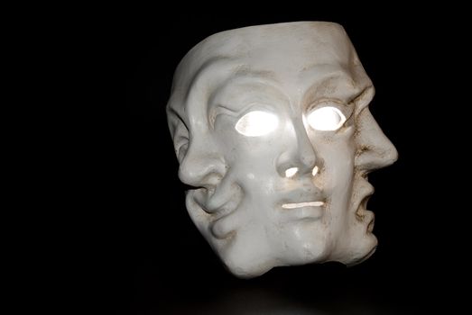 A mask with three faces showing three states of mind