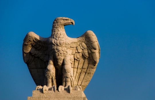 Old statue of an eagle on a blue sky in Rome, Italy .