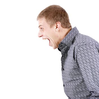 Profile of the young shouting man on white background
