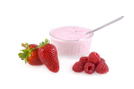 Delicious yogurt with fresh raspberries and strawberries on a white background.