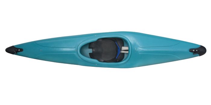 blue plastic whitewater kayak, foam seat and back support, isolated with clipping path, view from above