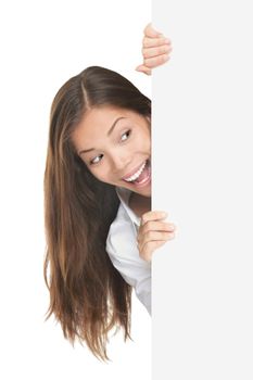 Blank sign. Woman surprised looking at white billboard. Isolated on white background.