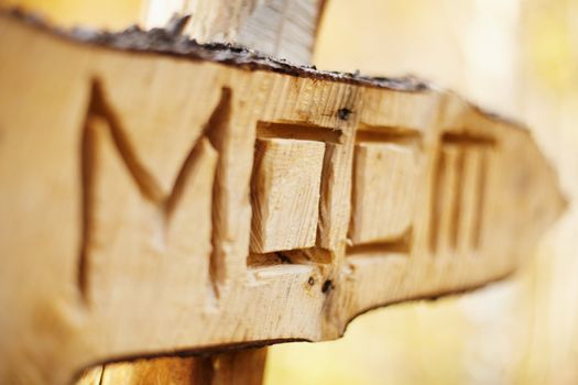 Wooden indicator with a russian inscription - a bridge