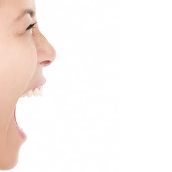 Screaming woman isolated on white background - closeup.