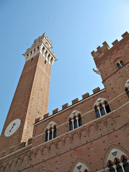 A view from  Piazza del Campo of the Palazzo Comunale and Torre del Mangia, Siena, Tuscany, Italy