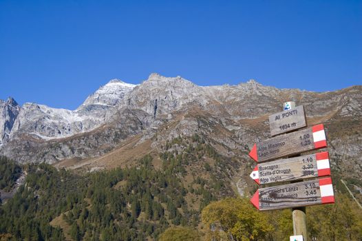 Alpe Devero natural park in the Alps, direction signs