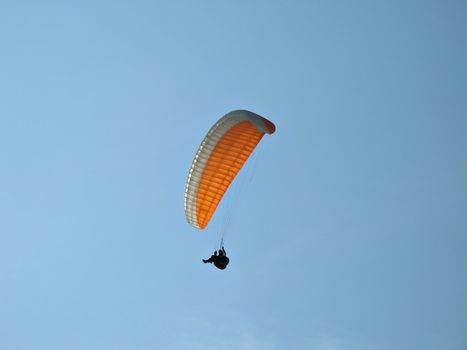 A paraglider il flying in the blue sky with his colourful paraglide