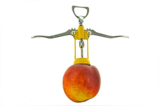 Corkscrew in a peach seems to be a little man lifts a banana