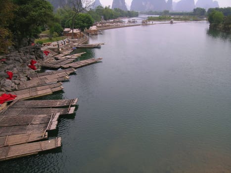 chinese river with rafts