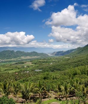 It is a beautiful green gorge and blue sky.