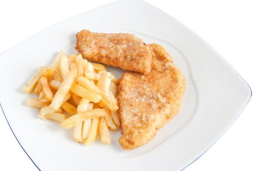 plate with fried potatoes and chicken isolated on white background