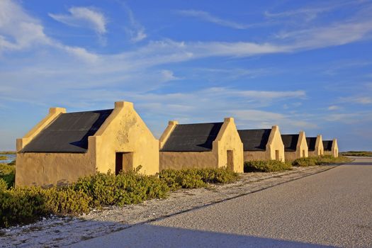 Historical yellow slave huts on Bonaire, Caribbean