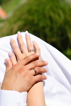 groom's hand holding bride's hand with a wedding bands