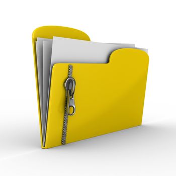 Yellow computer folder with zipper. Isolated 3d image