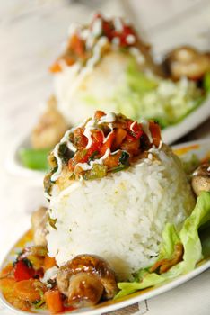 rice and vegetables served on plate for dinner