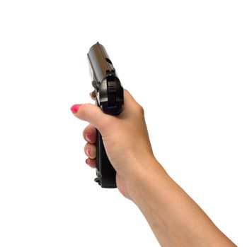 Female hand with a pistol it is isolated on a white background.