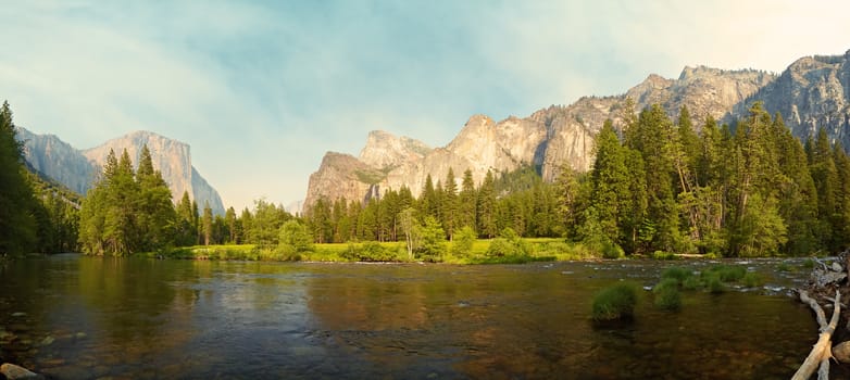 Merced River meadows panorama, Yosemite Valley, Yosemite National Park, California, USA