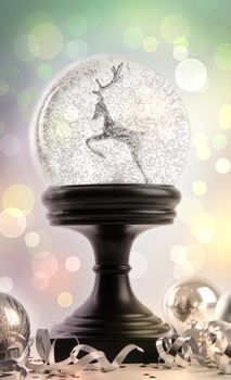 Snow-globe with ornaments against a colored background