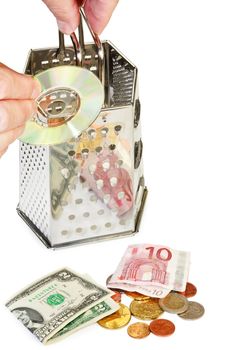 Profit from media content concept image with grater, compact disk and money