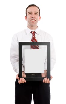 A young man wearing a suit and tie holding a picture frame with either your text or picture inside, isolated against a white background