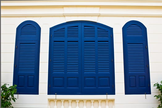 blue window shutters on cream wall