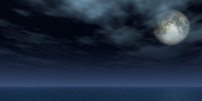 full moon and stars over the ocean - 3d illustration