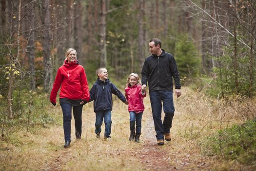 Family walking in the woods