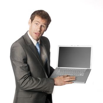 A business man presenting on a laptop